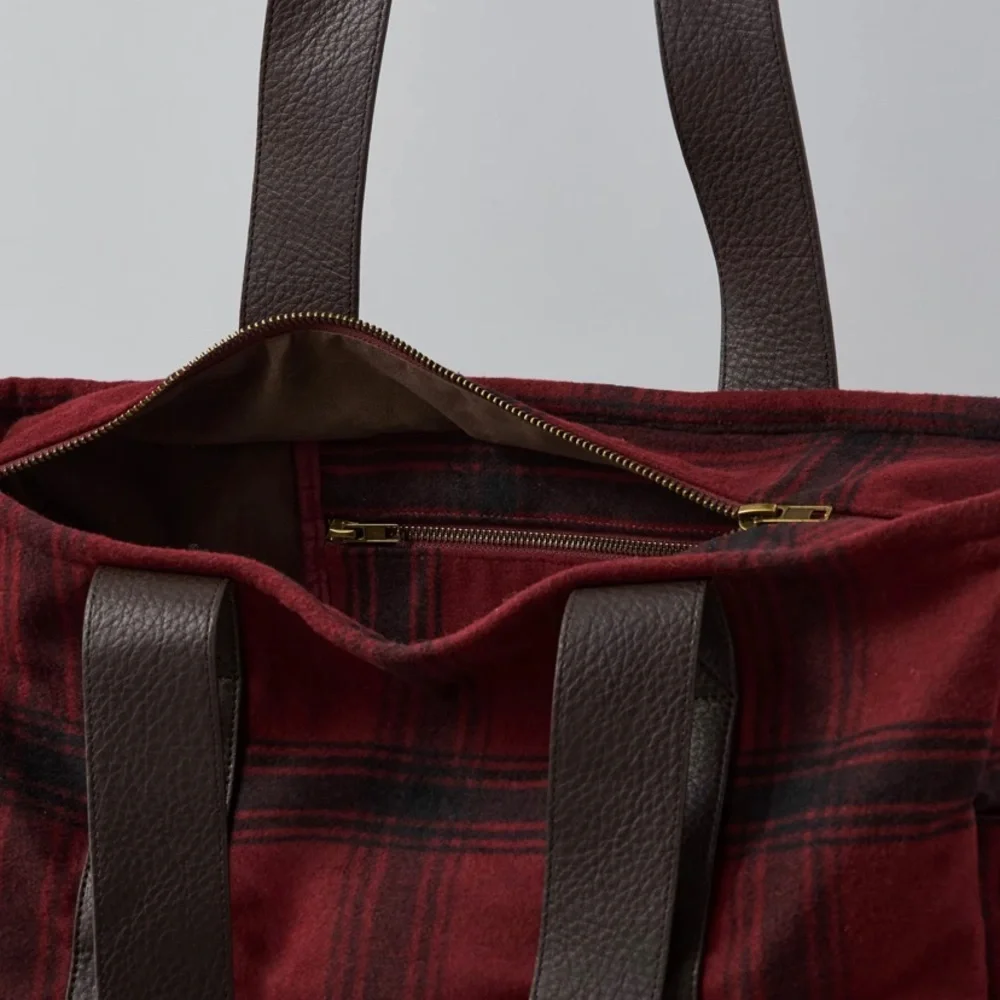 American Eagle Outfitters Red Plaid Duffel Tote with Brown Trim new
